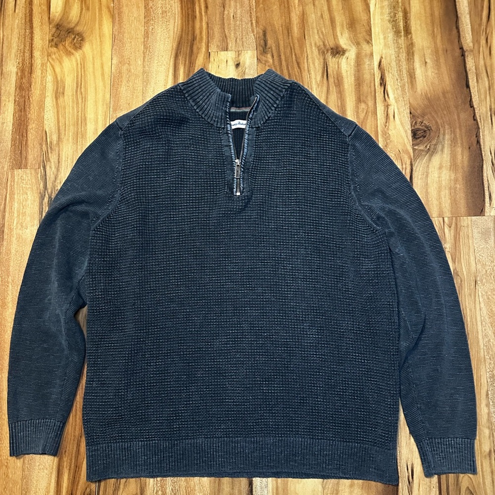 Tommy Bahama Quarter Zip Sweater XL Gray Textured Knit Cotton Pullover Mens